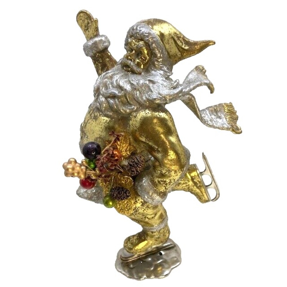 Vtg Ice Skating Santa 12" figure Christmas holiday gold silver pewter base
